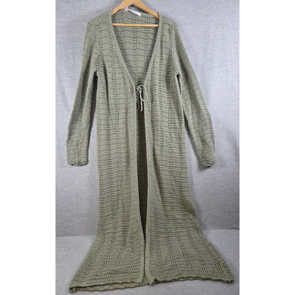 Free People FP Beach Open Cardigan S Sage Green Long Duster Crochet Knit Boho